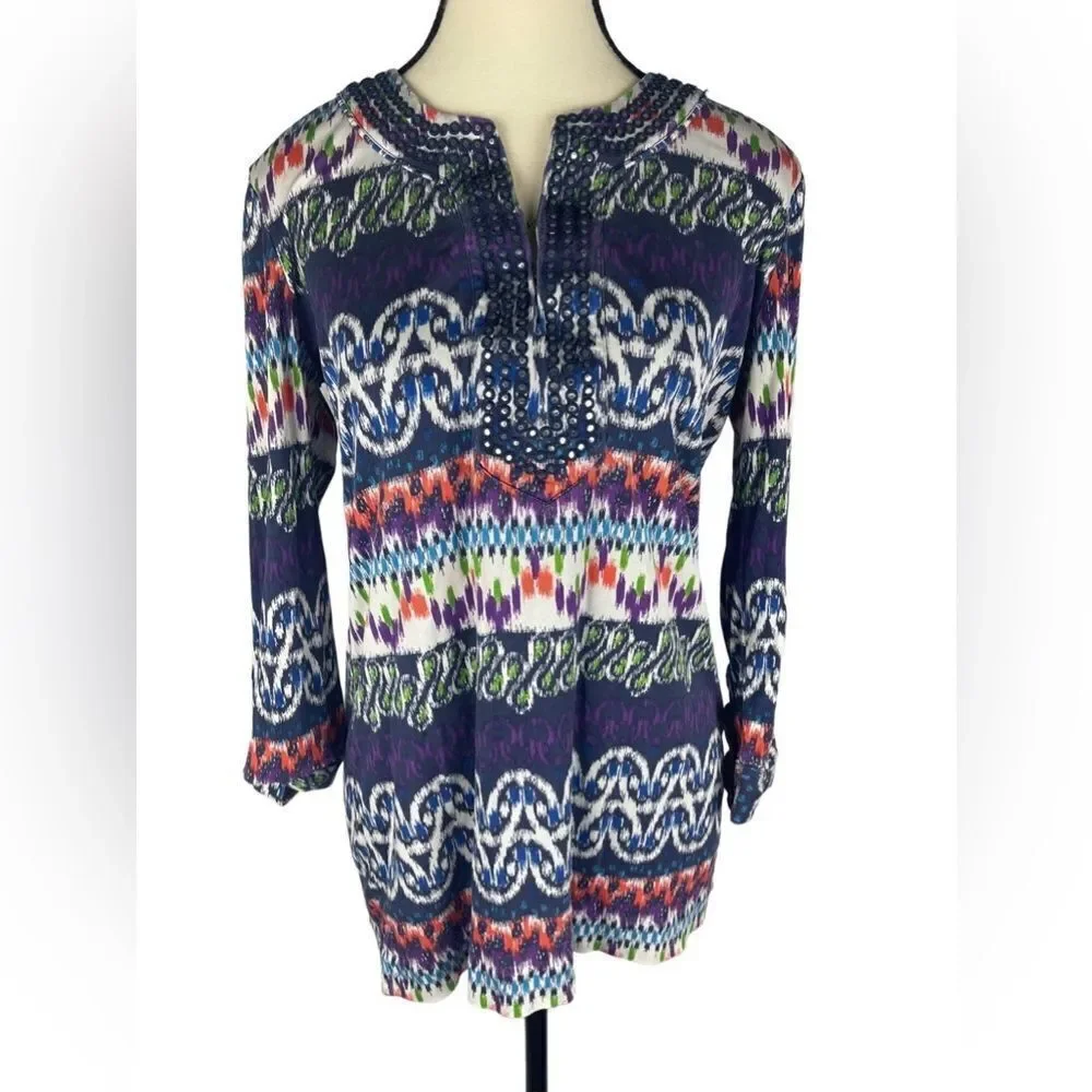 Tory Burch Women’s‎ Multicolor 100% Silk V-Neck Summer Blouse Tunic Top Size : M